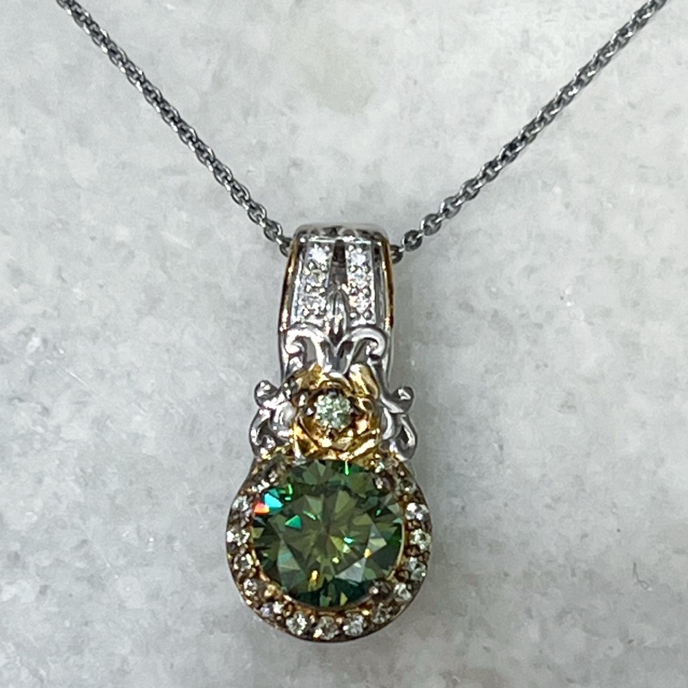 Green and White Moissanite Green Sapphire Sterling Silver Pendant 20” Necklace - Picture 5 of 11